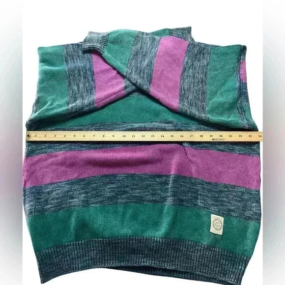 Vintage 80s Striped Colourblock Teal Pink Retro Pullover Crewneck Sweater Cotton - Picture 3 of 5